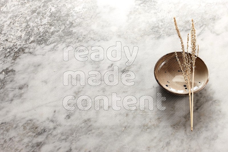 Wheat stalks on Multicolored Pottery Bowl on grey marble flooring, 45 degree angle