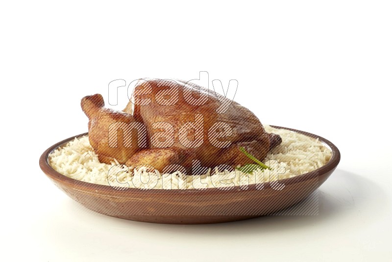 white  basmati Rice with  whole roasted chicken    on a pottery plate  direct  on white background