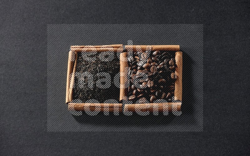 2 squares of cinnamon sticks full of coffee beans and tea on black flooring