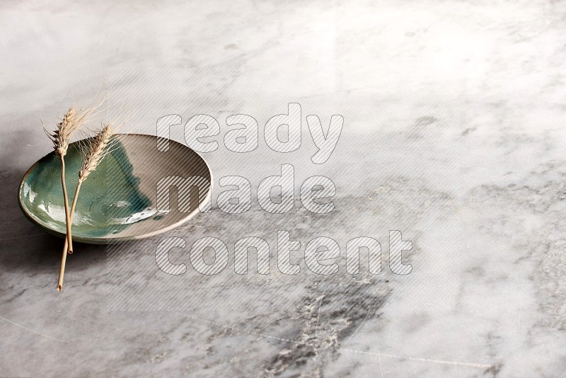 Wheat stalks on Multicolored Pottery Plate on grey marble flooring, 45 degree angle