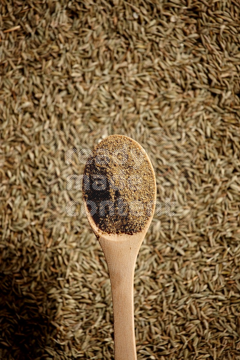 A wooden spoon full of cumin powder on a cumin seeds background