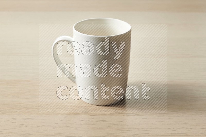 White Ceramic Mug on Oak Wooden Flooring, 15 degrees