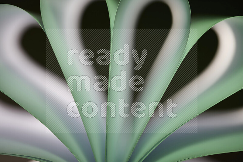 An abstract art piece displaying smooth curves in white and green gradients created by colored light