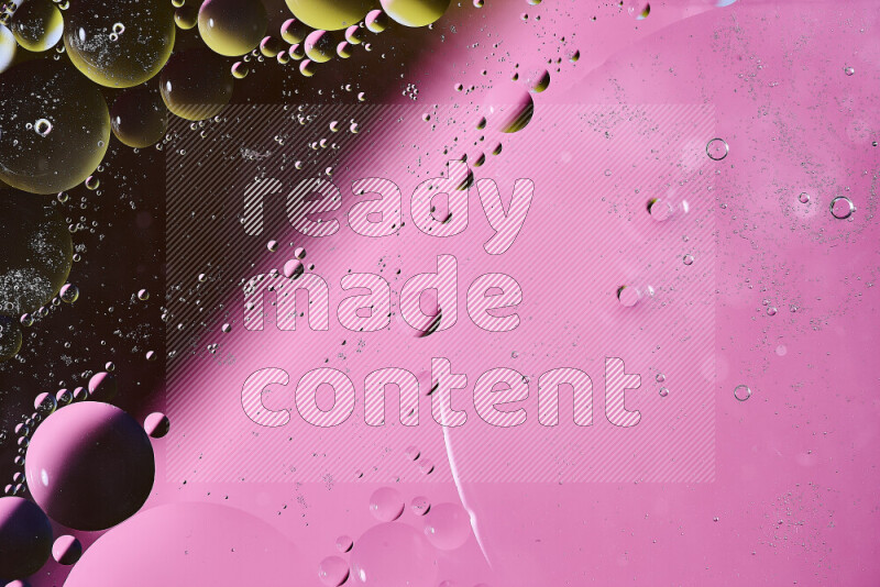 Close-ups of abstract oil bubbles on water surface in shades of yellow, pink and black