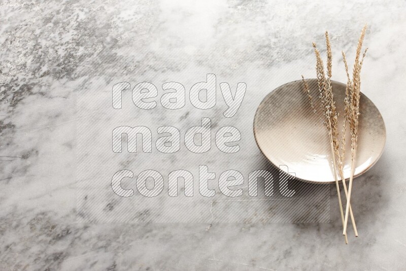 Wheat stalks on multicolored pottery plate on grey marble background