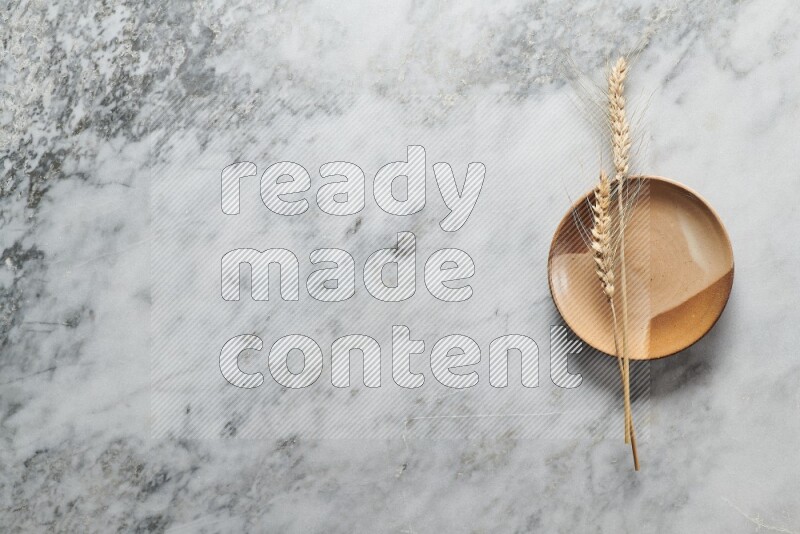 Wheat stalks on multicolored pottery plate on grey marble background