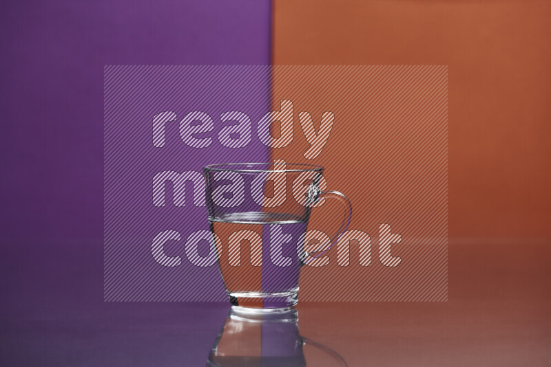 The image features a clear glassware filled with water, set against purple and dark orange background