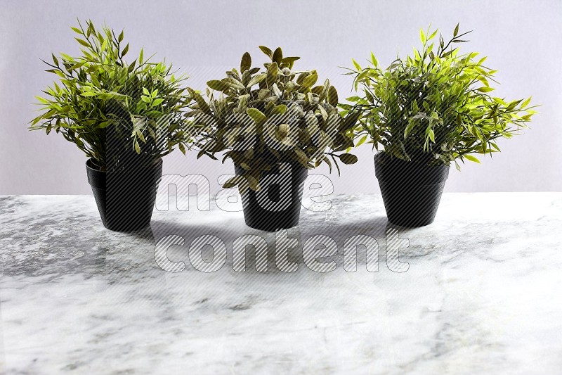Multiable Artificial Plants in black pot on Light Grey Marble Background 45 degree angle