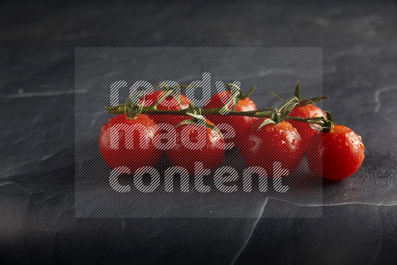 Red cherry tomato vein on a textured black slate background 45 degree