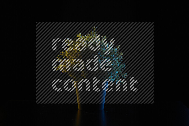 Plastic potted plant with colored rim light against black background