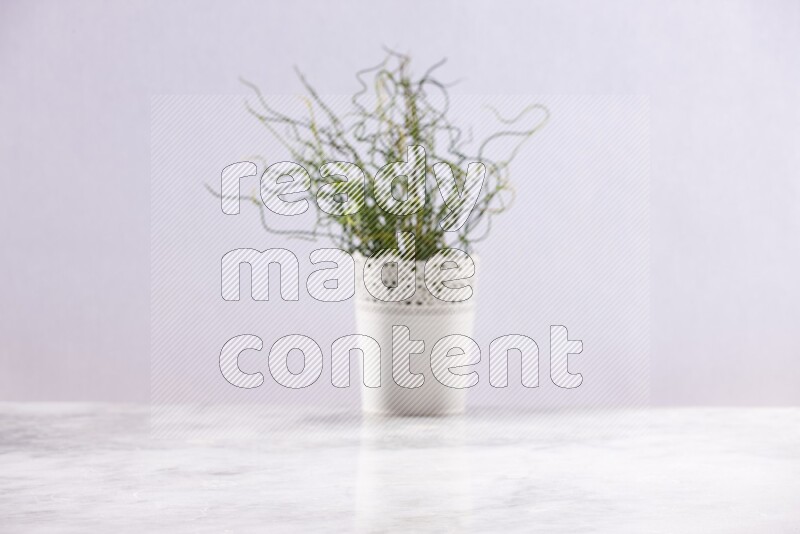Artificial plant in white decorative pot on grey marble background
