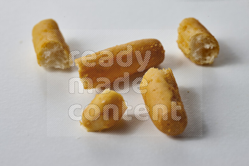 Assorted snacks on white background
