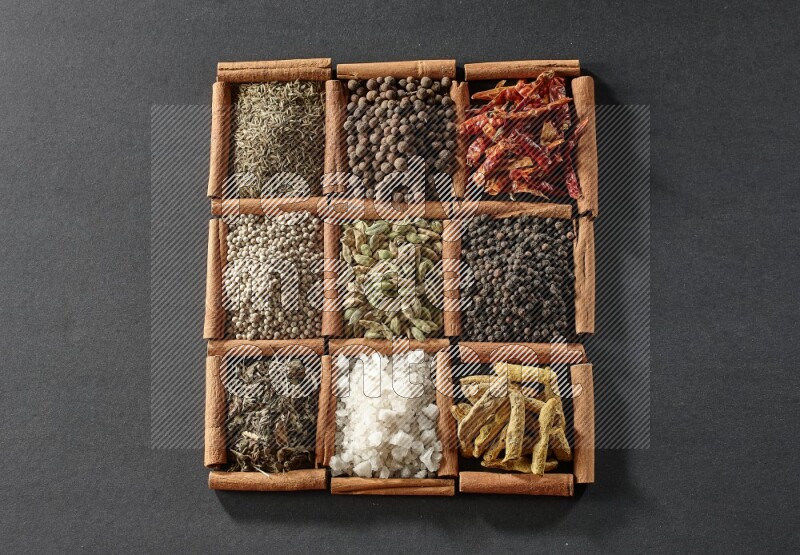 9 squares of cinnamon sticks full of cardamom in the middle surrounded by turmeric fingers, black pepper, chilis, allspice, cumin, white pepper, dried basil and salt on black flooring