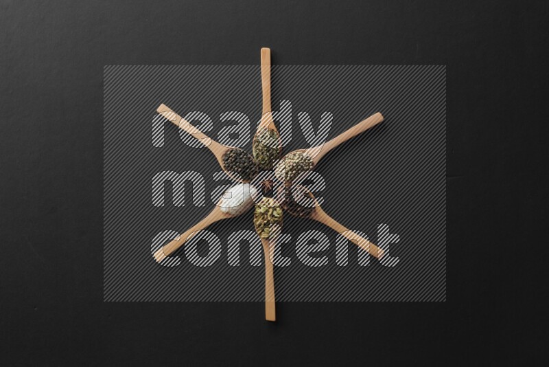 wooden spoons filled with white peppers, cloves, cardamom, salt, black peppers and basil on black flooring and shaped like a clock