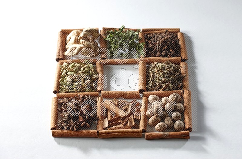 9 squares of cinnamon sticks, the middle square is empty and surrounded with dried mint, dried ginger, cardamom, star anise, cinnamon, nutmeg, dried basil and cloves on white flooring