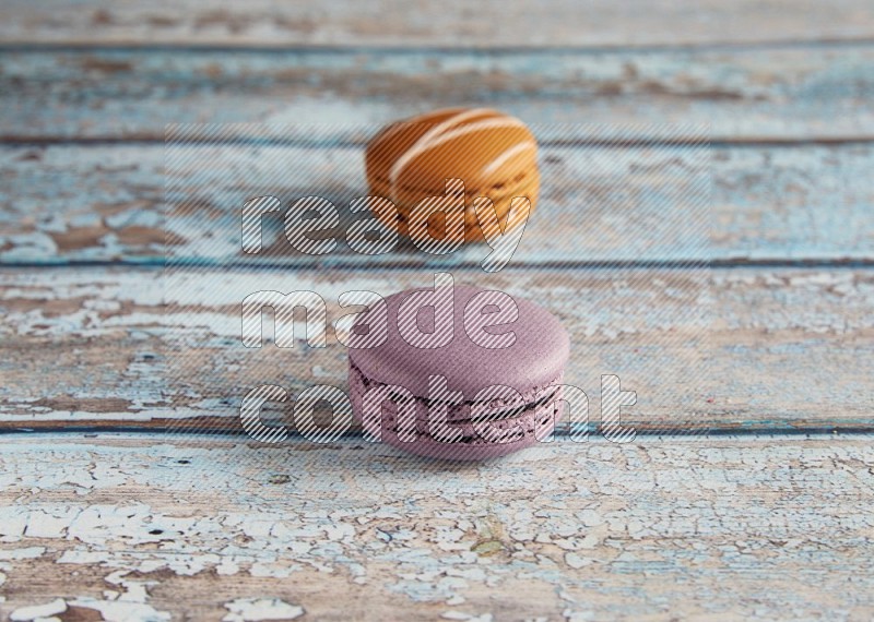 45º Shot of of two assorted Brown Irish Cream, and Purple Blueberry macarons  on light blue background