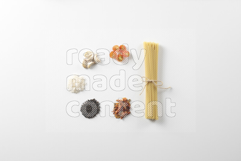 Red sauce pasta recipes ingredients on white background