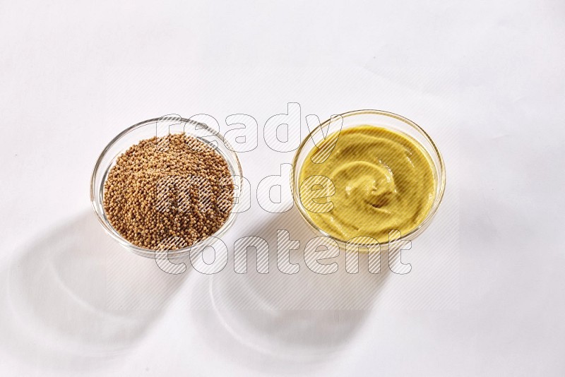 2 glass bowls, one full of mustard seeds and the other full of mustard paste on white flooring in different angles