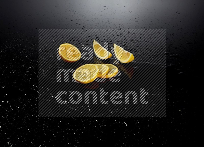 Lemon slices with water drops, and droplets on black background