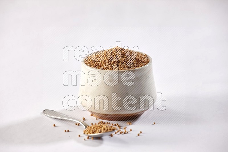 A beige pottery bowl and a metal spoon full of mustard seeds on white flooring in different angles