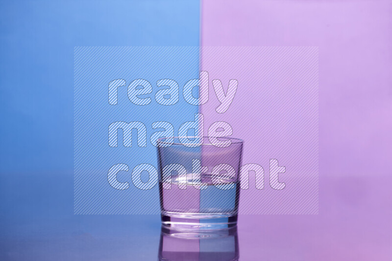 The image features a clear glassware filled with water, set against blue and light purple background