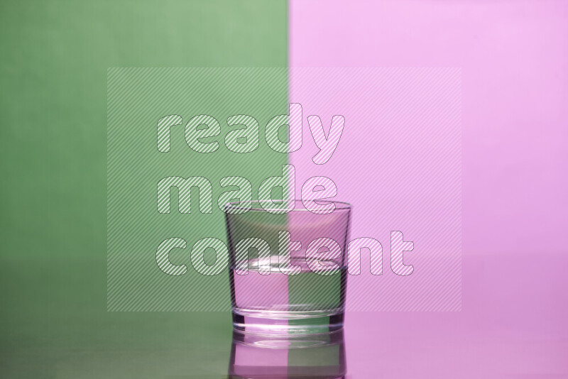 The image features a clear glassware filled with water, set against green and light purple background