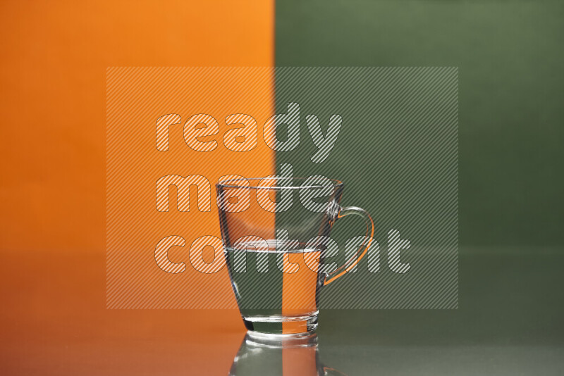 The image features a clear glassware filled with water, set against orange and dark green background