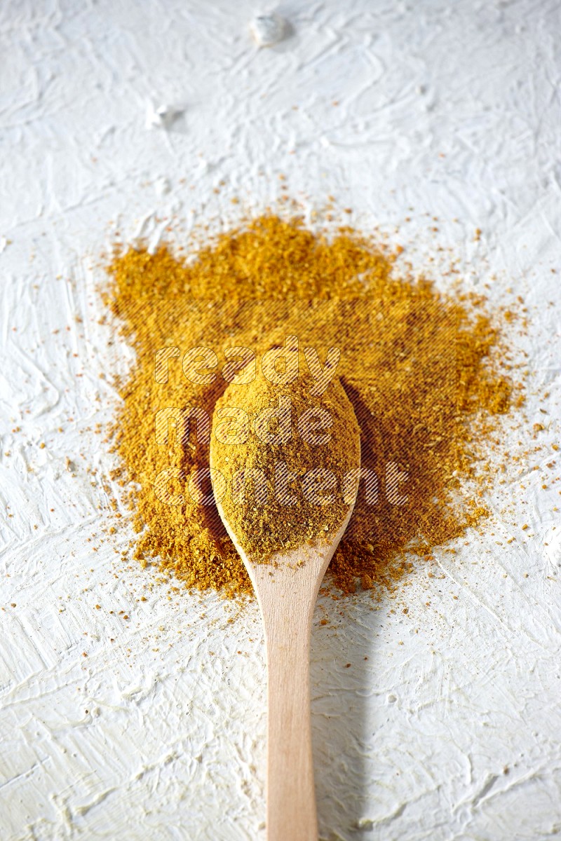 A wooden spoon full of turmeric powder on textured white background