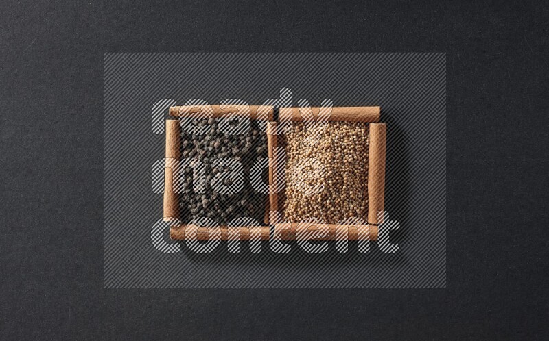 مربعان من أعواد القرفة ممتلئان بحبوب الخردل وحبوب الفلفل الأسود علي خلفية سوداء