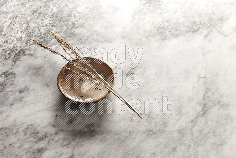 Wheat stalks on Multicolored Pottery Bowl on grey marble flooring, 45 degree angle