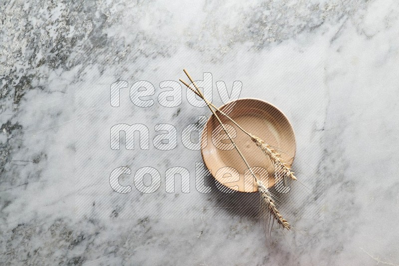 Wheat stalks on Beige Pottery Plate on grey marble flooring, Top view
