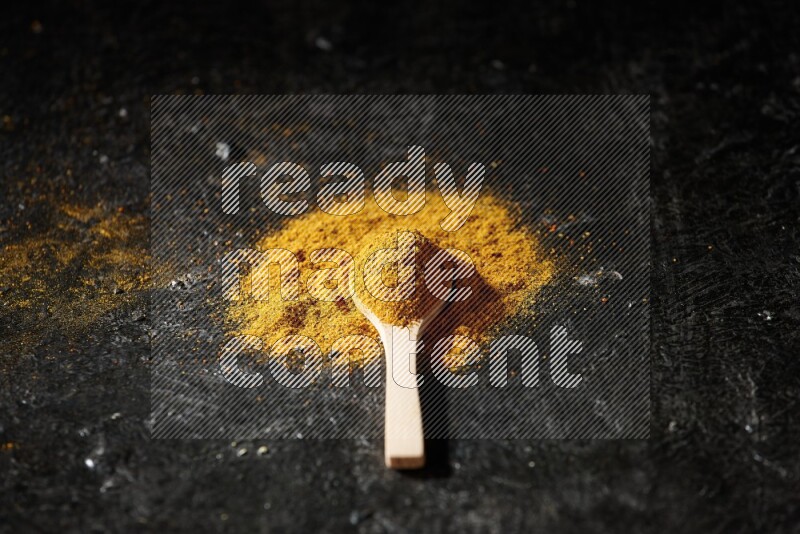 A wooden spoon full of turmeric powder on textured black background