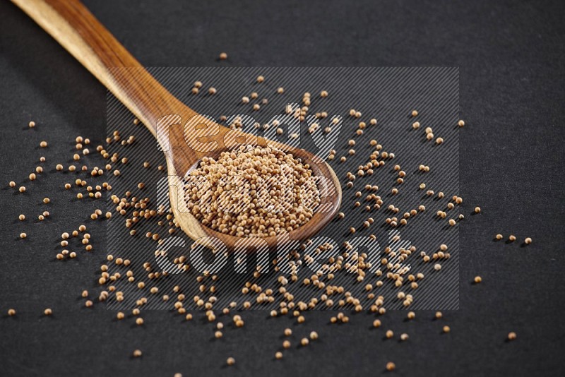 A wooden spoon full of mustard seeds on a black flooring