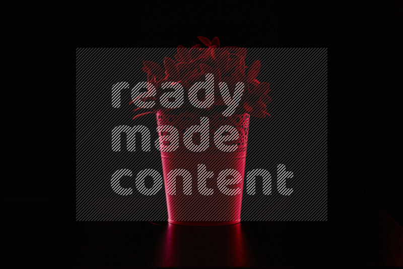 Plastic potted plant with colored rim light against black background