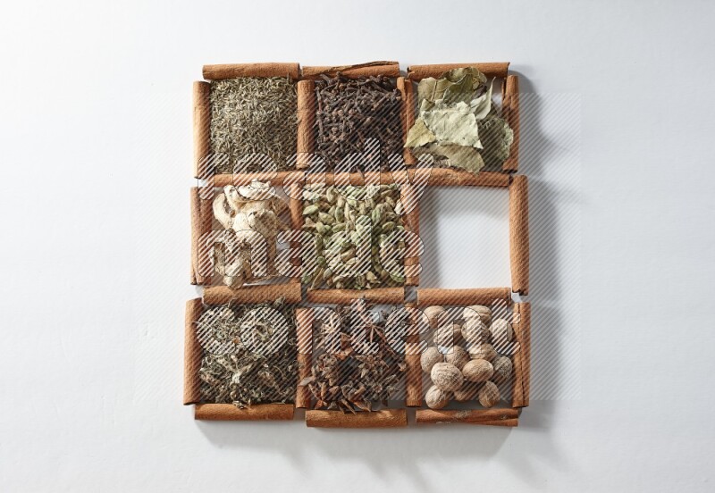 9 squares of cinnamon sticks full of cardamom in the middle surrounded by nutmeg, cinnamon, bay laurel leaves, cloves, cumin, dried ginger, dried basil and star anise on white flooring