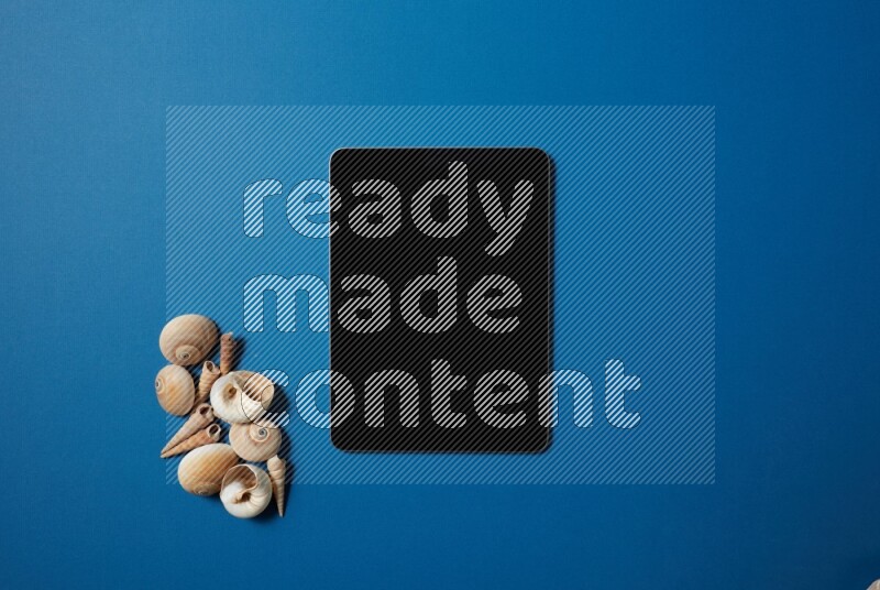 top view shot of a tablet, and seashells on blue background