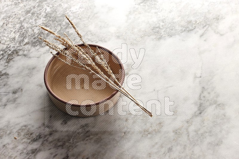 Wheat stalks on Beige Pottery Oven Bowl Plate on grey marble flooring, 45 degree angle