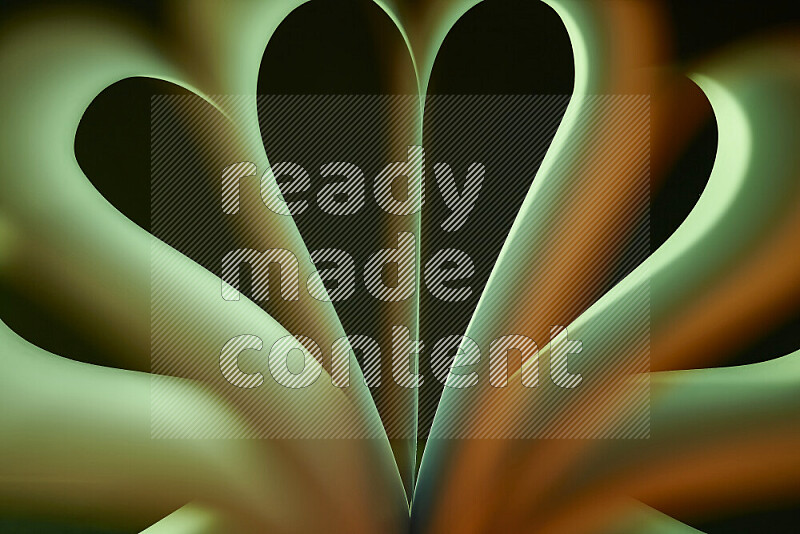 An abstract art piece displaying smooth curves in green and orange gradients created by colored light