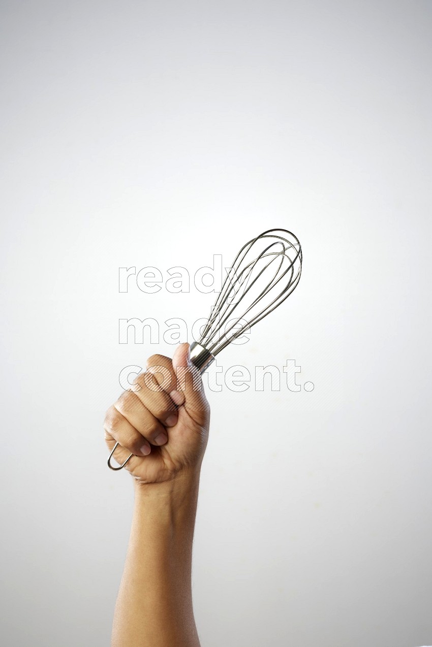 Male Hand Holding Whisk on white background