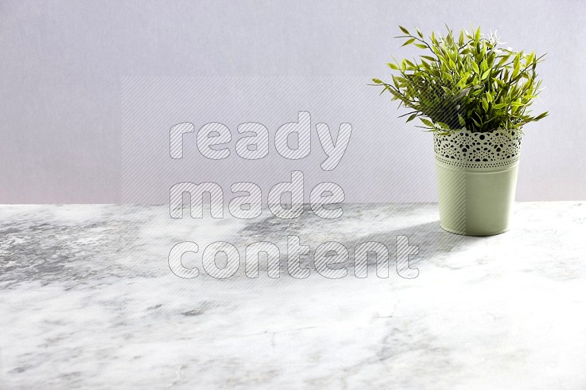 Artificial Plant in Light Green Decorative Pot on Light Grey Marble Background 45 degree angle